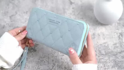 Stylish PU Leather Long Wallets for Women Card Holder Single Zipper Clutch Purses Heart Embroidery Money Bag Wallet For Girls ,